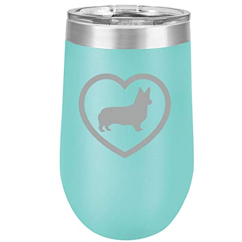 16 oz Double Wall Vacuum Insulated Stainless Steel Stemless Wine Tumbler Glass Coffee Travel Mug With Lid Corgi Heart (Teal)