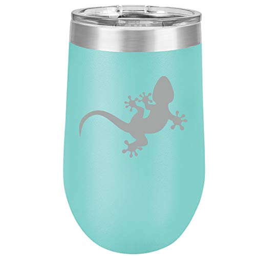 16 oz Double Wall Vacuum Insulated Stainless Steel Stemless Wine Tumbler Glass Coffee Travel Mug With Lid Gecko Lizard (Teal)