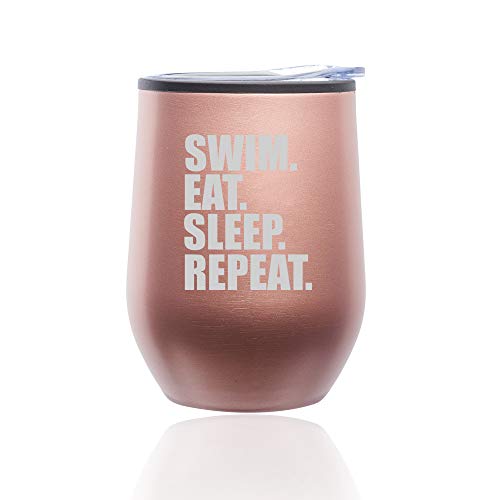 Stemless Wine Tumbler Coffee Travel Mug Glass With Lid Swim Eat Sleep Repeat (Rose Gold)