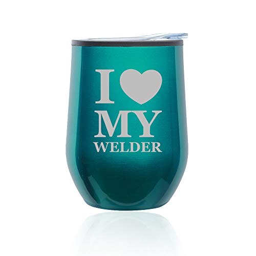 Stemless Wine Tumbler Coffee Travel Mug Glass With Lid I Heart Love My Welder (Turquoise Teal)