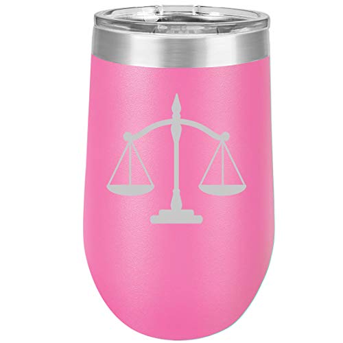 16 oz Double Wall Vacuum Insulated Stainless Steel Stemless Wine Tumbler Glass Coffee Travel Mug With Lid Scales Of Justice Lawyer Paralegal Attorney (Hot Pink)