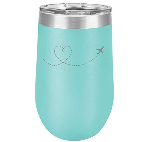 16 oz Double Wall Vacuum Insulated Stainless Steel Stemless Wine Tumbler Glass Coffee Travel Mug With Lid Heart Love Travel Airplane (Teal)