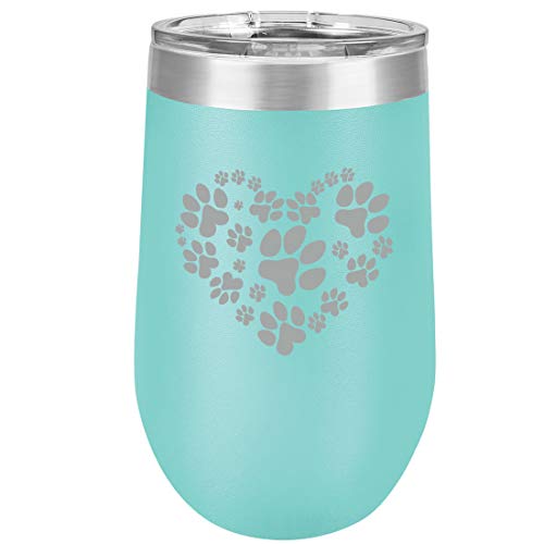 16 oz Double Wall Vacuum Insulated Stainless Steel Stemless Wine Tumbler Glass Coffee Travel Mug With Lid Heart Paw Prints (Teal)