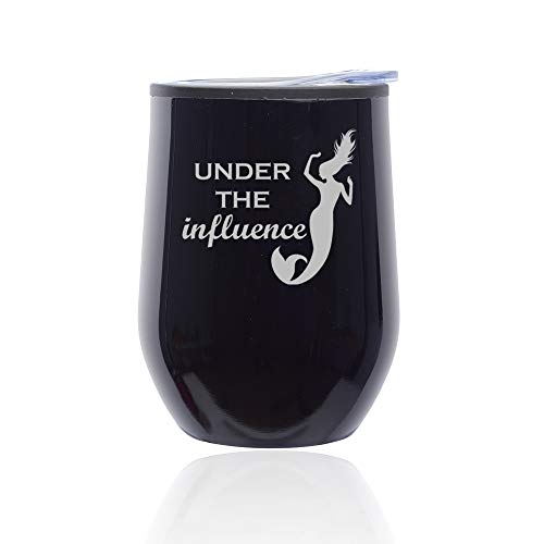 Stemless Wine Tumbler Coffee Travel Mug Glass With Lid Under The Influence Mermaid Funny (Midnight Black)