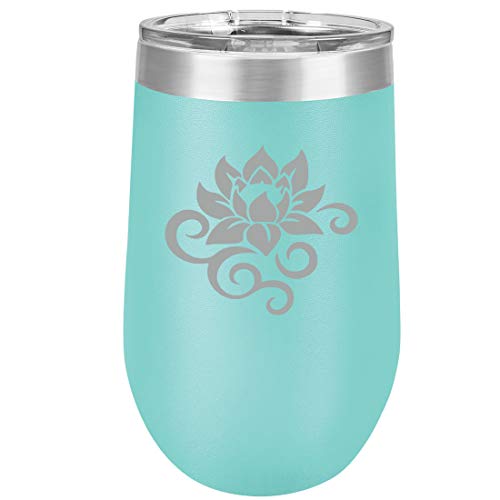 16 oz Double Wall Vacuum Insulated Stainless Steel Stemless Wine Tumbler Glass Coffee Travel Mug With Lid Lotus Flower Scroll (Teal)