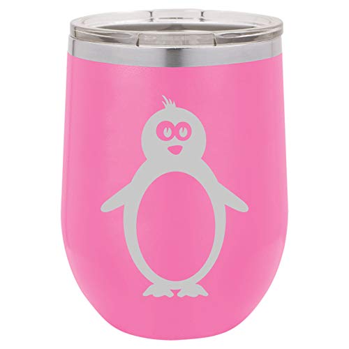 12 oz Double Wall Vacuum Insulated Stainless Steel Stemless Wine Tumbler Glass Coffee Travel Mug With Lid Penguin (Hot-Pink)