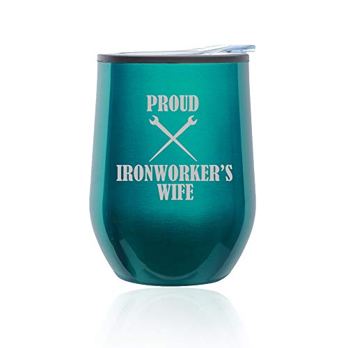 Stemless Wine Tumbler Coffee Travel Mug Glass With Lid Proud Ironworker's Wife (Turquoise Teal)