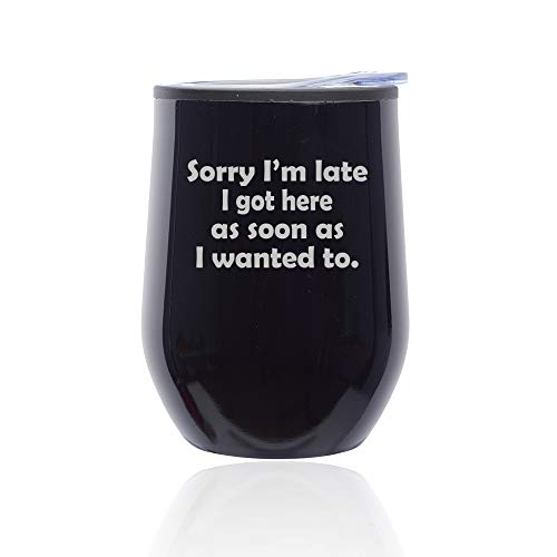 Stemless Wine Tumbler Coffee Travel Mug Glass With Lid Sorry I'm Late I Got Here As Soon As I Wanted To Sarcasm Funny (Midnight Black)