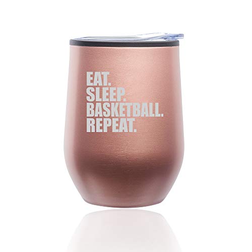 Stemless Wine Tumbler Coffee Travel Mug Glass With Lid Eat Sleep Basketball Repeat (Rose Gold)