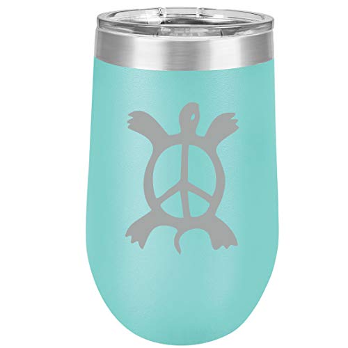 16 oz Double Wall Vacuum Insulated Stainless Steel Stemless Wine Tumbler Glass Coffee Travel Mug With Lid Turtle Peace Sign (Teal)
