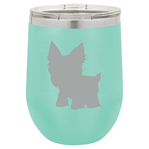 12 oz Double Wall Vacuum Insulated Stainless Steel Stemless Wine Tumbler Glass Coffee Travel Mug With Lid Yorkie (Teal)