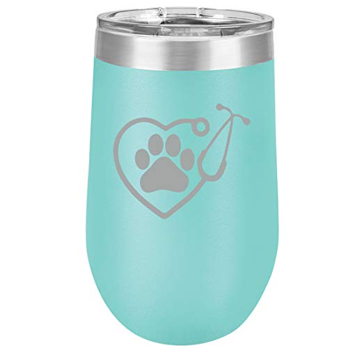 16 oz Double Wall Vacuum Insulated Stainless Steel Stemless Wine Tumbler Glass Coffee Travel Mug With Lid Heart Stethoscope Vet Tech Veterinarian (Teal)
