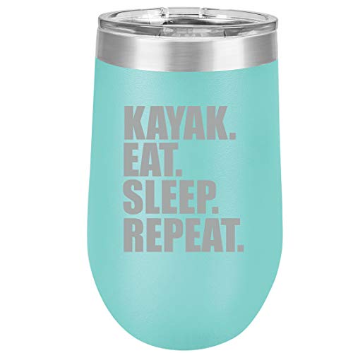 16 oz Double Wall Vacuum Insulated Stainless Steel Stemless Wine Tumbler Glass Coffee Travel Mug With Lid Kayak Eat Sleep Repeat (Teal)