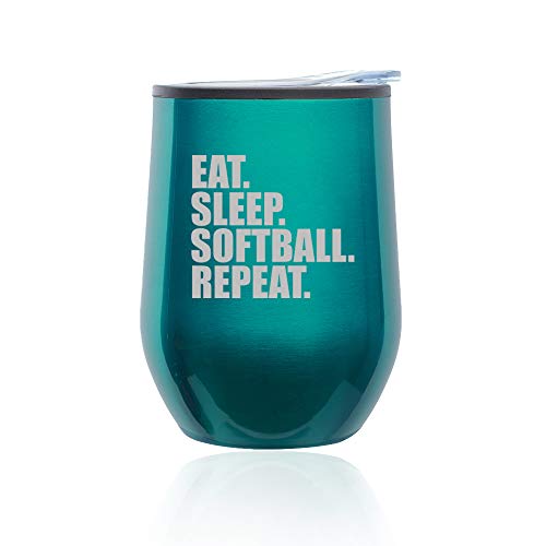 Stemless Wine Tumbler Coffee Travel Mug Glass With Lid Eat Sleep Softball Repeat (Turquoise Teal)