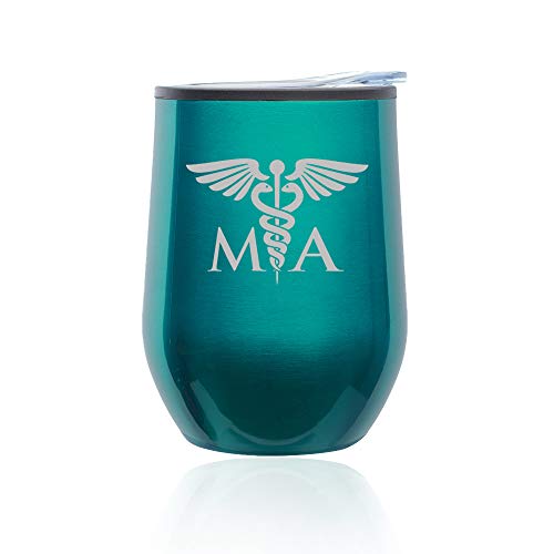 Stemless Wine Tumbler Coffee Travel Mug Glass With Lid MA Medical Assistant (Turquoise Teal)