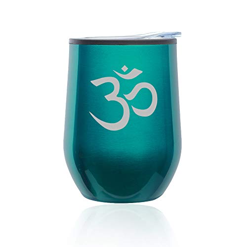 Stemless Wine Tumbler Coffee Travel Mug Glass With Lid Yoga Symbol (Turquoise Teal)