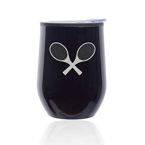 Stemless Wine Tumbler Coffee Travel Mug Glass With Lid Tennis Racquets (Midnight Black)
