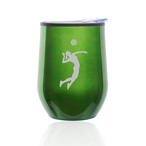 Stemless Wine Tumbler Coffee Travel Mug Glass With Lid Female Volleyball Player (Green)
