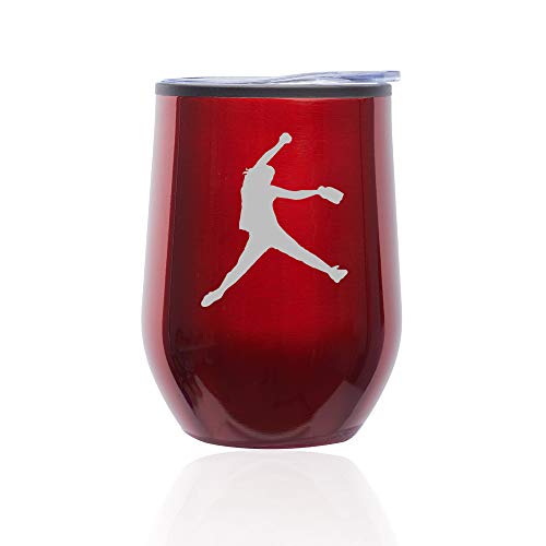 Stemless Wine Tumbler Coffee Travel Mug Glass With Lid Female Softball Pitcher (Red)