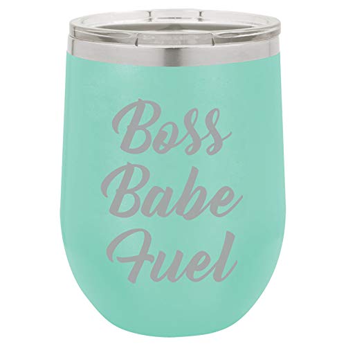 12 oz Double Wall Vacuum Insulated Stainless Steel Stemless Wine Tumbler Glass Coffee Travel Mug With Lid Boss Babe Fuel (Teal)