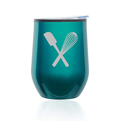 Stemless Wine Tumbler Coffee Travel Mug Glass With Lid Spatula & Whisk Baking (Turquoise Teal)