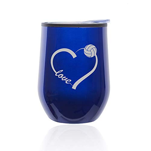 Stemless Wine Tumbler Coffee Travel Mug Glass With Lid Love Heart Volleyball