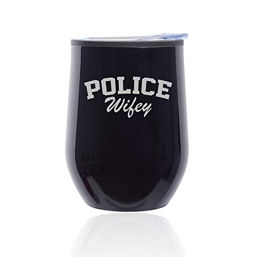Stemless Wine Tumbler Coffee Travel Mug Glass With Lid Police Wifey (Midnight Black)
