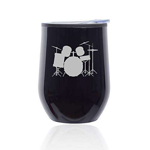 Stemless Wine Tumbler Coffee Travel Mug Glass With Lid Drum Set (Midnight Black)