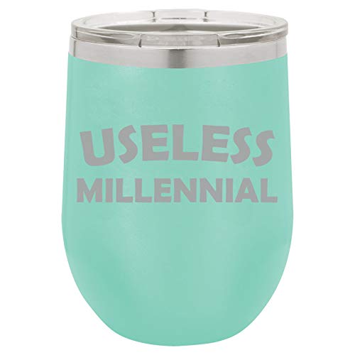 12 oz Double Wall Vacuum Insulated Stainless Steel Stemless Wine Tumbler Glass Coffee Travel Mug With Lid Useless Millennial Funny (Teal)