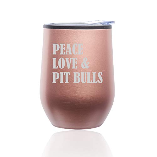 Stemless Wine Tumbler Coffee Travel Mug Glass With Lid Peace Love & Pit Bulls (Rose Gold)
