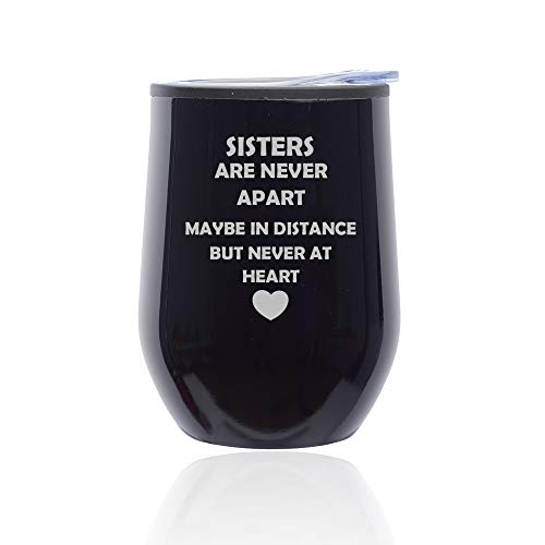 Stemless Wine Tumbler Coffee Travel Mug Glass With Lid Sisters Long Distance Love (Midnight Black)