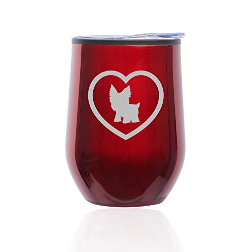Stemless Wine Tumbler Coffee Travel Mug Glass With Lid Yorkie Heart (Red)