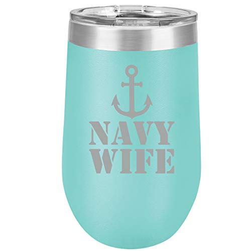 16 oz Double Wall Vacuum Insulated Stainless Steel Stemless Wine Tumbler Glass Coffee Travel Mug With Lid Navy Wife (Teal)
