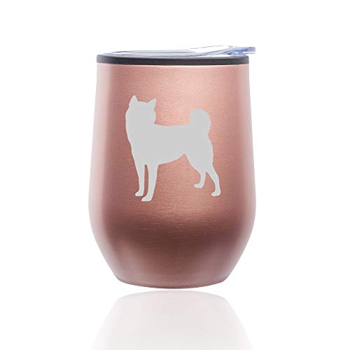 Stemless Wine Tumbler Coffee Travel Mug Glass With Lid Shiba Inu (Rose Gold)