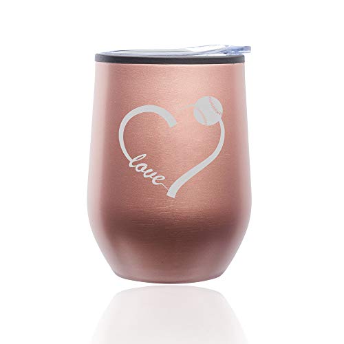 Stemless Wine Tumbler Coffee Travel Mug Glass With Lid Love Heart Baseball Softball (Rose Gold)