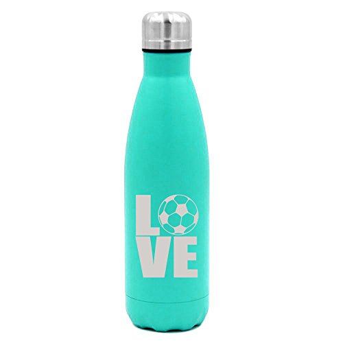 17 oz. Double Wall Vacuum Insulated Stainless Steel Water Bottle Travel Mug Cup Love Soccer (Light-Blue)