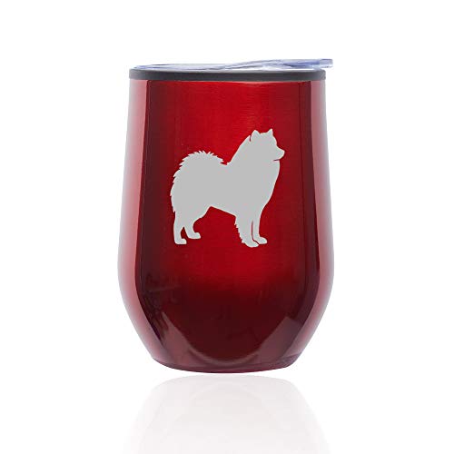 Stemless Wine Tumbler Coffee Travel Mug Glass With Lid Samoyed (Red)