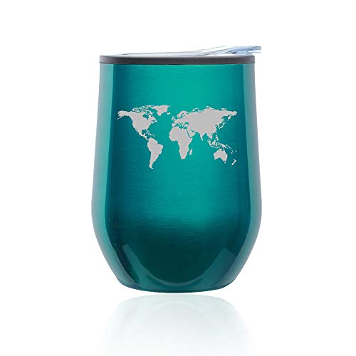 Stemless Wine Tumbler Coffee Travel Mug Glass With Lid World Map (Turquoise Teal)