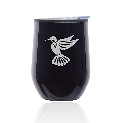 Stemless Wine Tumbler Coffee Travel Mug Glass With Lid Hummingbird (Midnight Black)