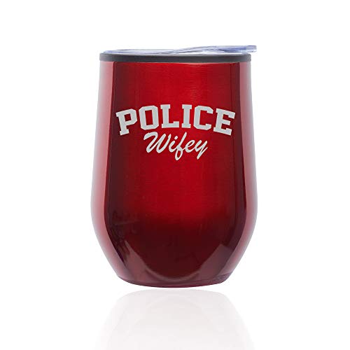 Stemless Wine Tumbler Coffee Travel Mug Glass With Lid Police Wifey (Red)