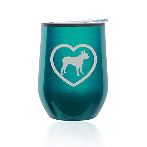 Stemless Wine Tumbler Coffee Travel Mug Glass With Lid Boston Terrier Heart (Turquoise Teal)