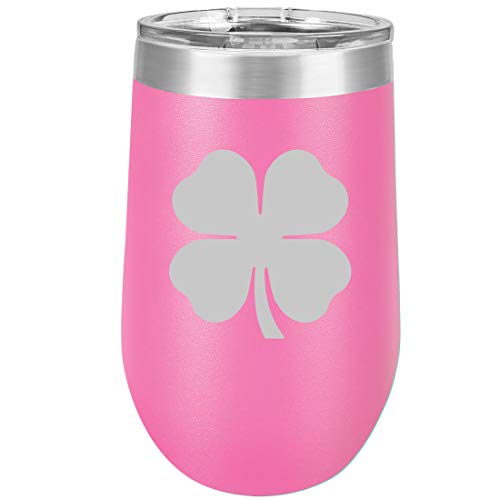 16 oz Double Wall Vacuum Insulated Stainless Steel Stemless Wine Tumbler Glass Coffee Travel Mug With Lid 4 Leaf Clover Shamrock (Hot Pink)