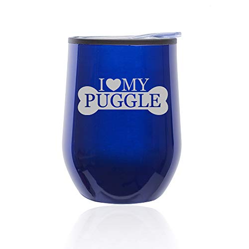 Stemless Wine Tumbler Coffee Travel Mug Glass With Lid I Love My Puggle (Blue)