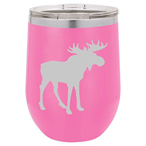 12 oz Double Wall Vacuum Insulated Stainless Steel Stemless Wine Tumbler Glass Coffee Travel Mug With Lid Moose (Hot-Pink)