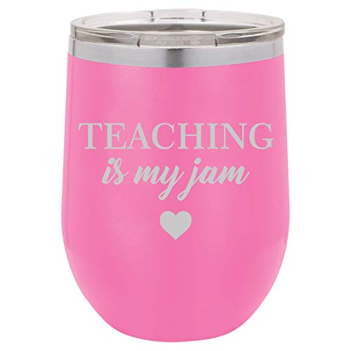12 oz Double Wall Vacuum Insulated Stainless Steel Stemless Wine Tumbler Glass Coffee Travel Mug With Lid Teaching Is My Jam Teacher (Hot-Pink)