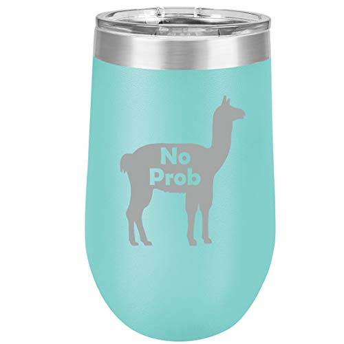 16 oz Double Wall Vacuum Insulated Stainless Steel Stemless Wine Tumbler Glass Coffee Travel Mug With Lid No Prob Llama Funny (Teal)