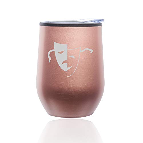 Stemless Wine Tumbler Coffee Travel Mug Glass With Lid Drama Mask (Rose Gold)