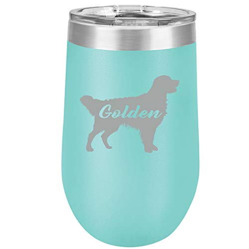 16 oz Double Wall Vacuum Insulated Stainless Steel Stemless Wine Tumbler Glass Coffee Travel Mug With Lid Golden Retriever 'Golden' (Teal)