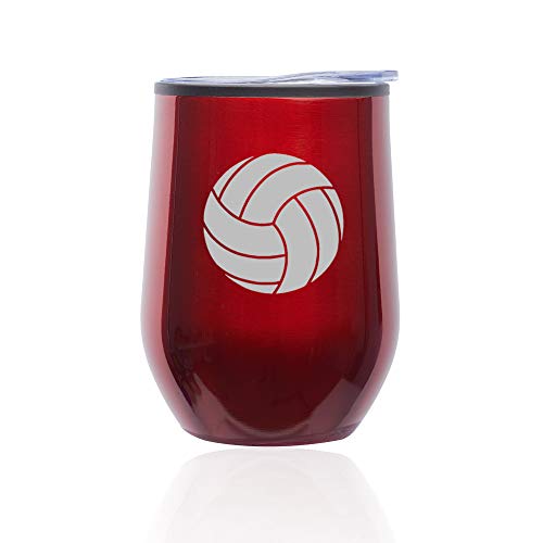 Stemless Wine Tumbler Coffee Travel Mug Glass With Lid Volleyball (Red)