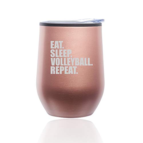 Stemless Wine Tumbler Coffee Travel Mug Glass With Lid Eat Sleep Volleyball Repeat (Rose Gold)